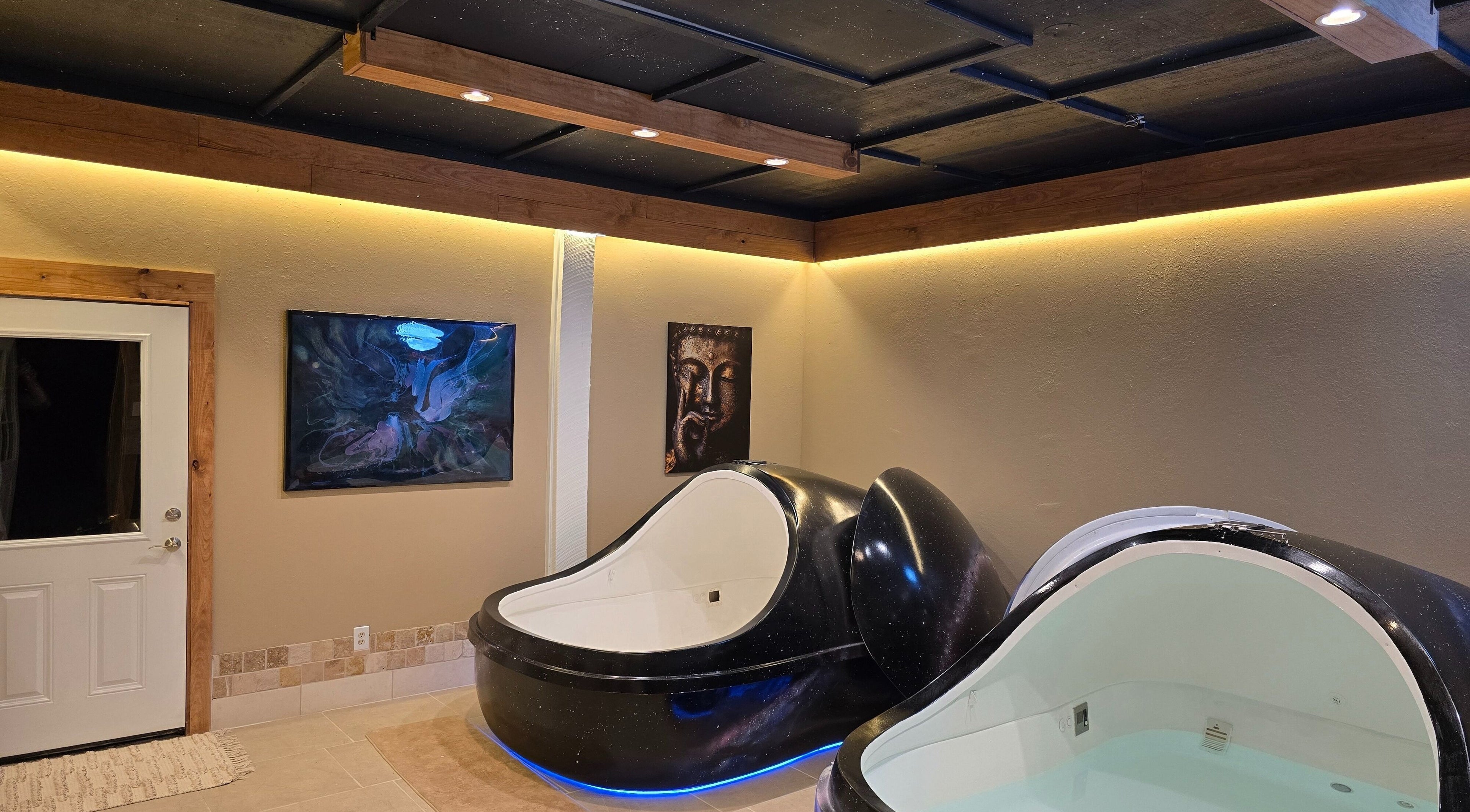 Float therapy pods at Dharma River ZenFloat Spa, Daphne, Alabama, US.