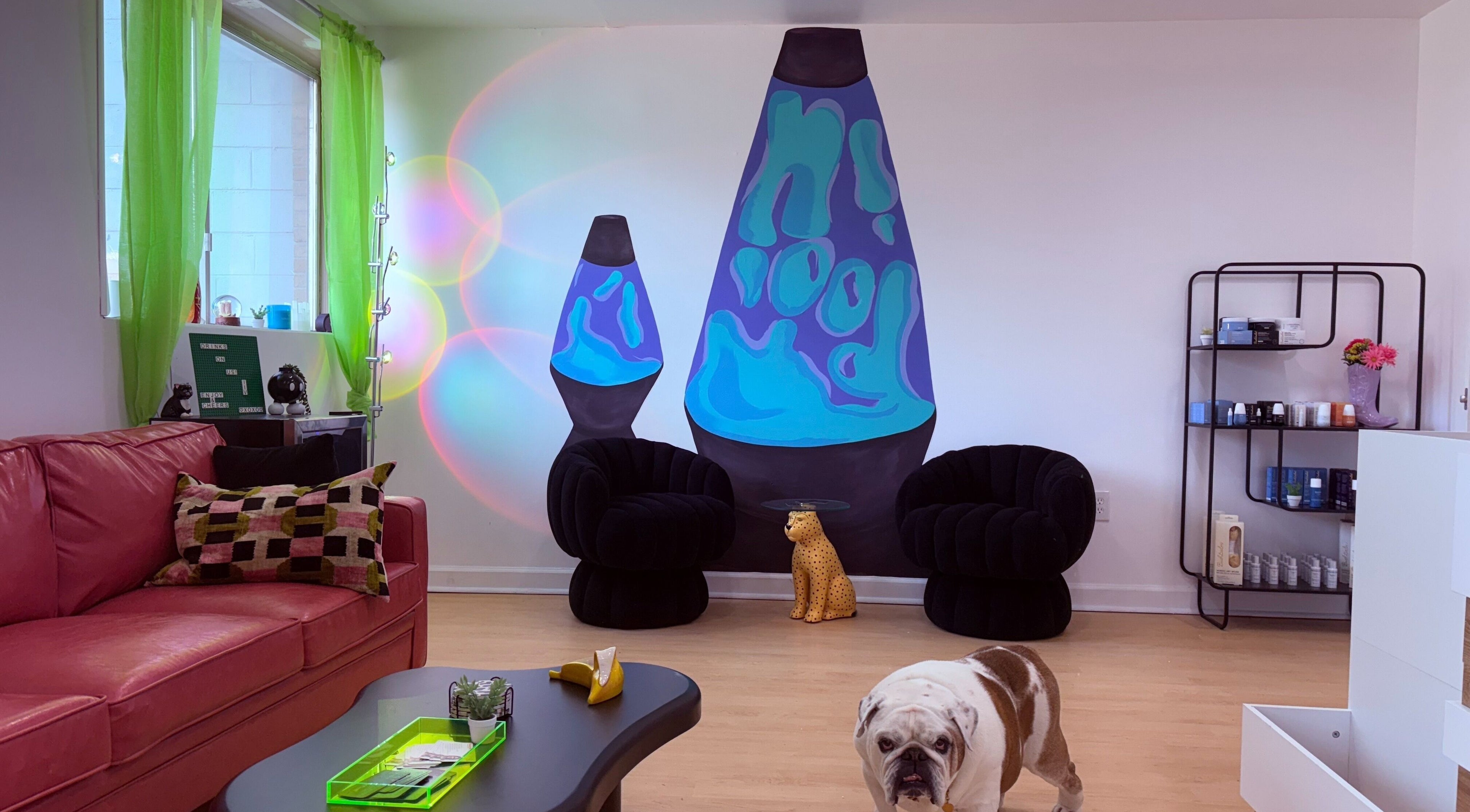 Modern lounge at nood wax & sugar Michigan, featuring lava lamp murals in Royal Oak, Michigan, US.