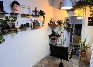 Interior de Nexo Hair Studio en San Isidro, Provincia De Lima, PE, con decoración de plantas e instrumentos de estilismo.