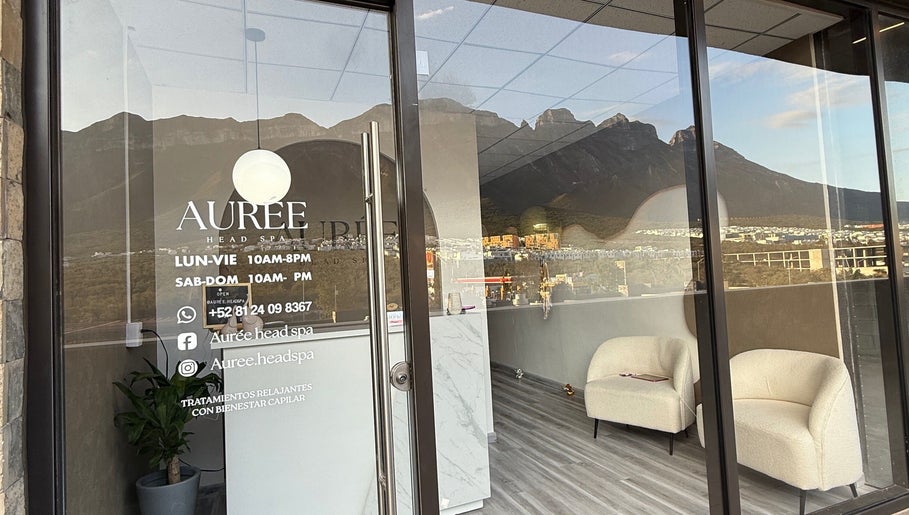 Puerta de entrada a Eurée Head Spa Capilar en Monterrey, Nuevo León, MX con vista a la montaña.