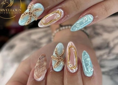 Intricate beach-themed nail art at Marvellous Nail & Beauty Spa, Melbourne, Victoria, AU.