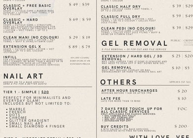 Comprehensive nail service menu at Nail Market Studio, Singapore, Singapore, SG. Includes overlays, extensions, and art.