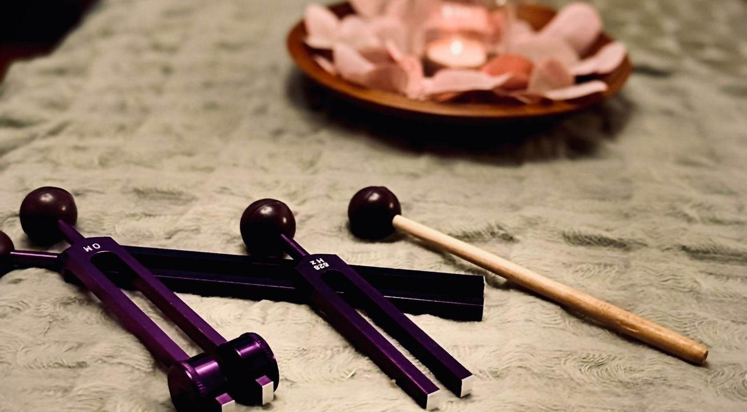 Tuning forks on a plush surface at Reforkology, Sarn, Wales, GB, set beside rose petals, symbolizing tranquility.