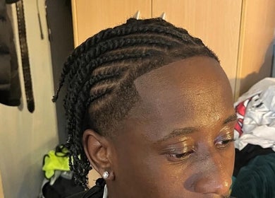 Close-up of stylish braids at Nkayfades, Derby, England, GB, showcasing expert hair styling.