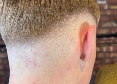 Close-up of a fresh buzz cut at The Garage Chair, Cherry Burton, England, GB.