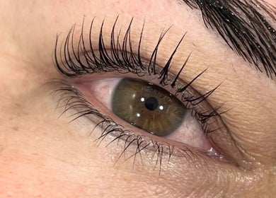 Close-up of styled eyelashes at Emily Cowie Cosmetics, Wrentham, England, GB.