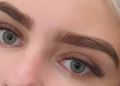 Close-up of expertly styled brows and lashes at Miss Volume, Rose Bay, New South Wales, AU.