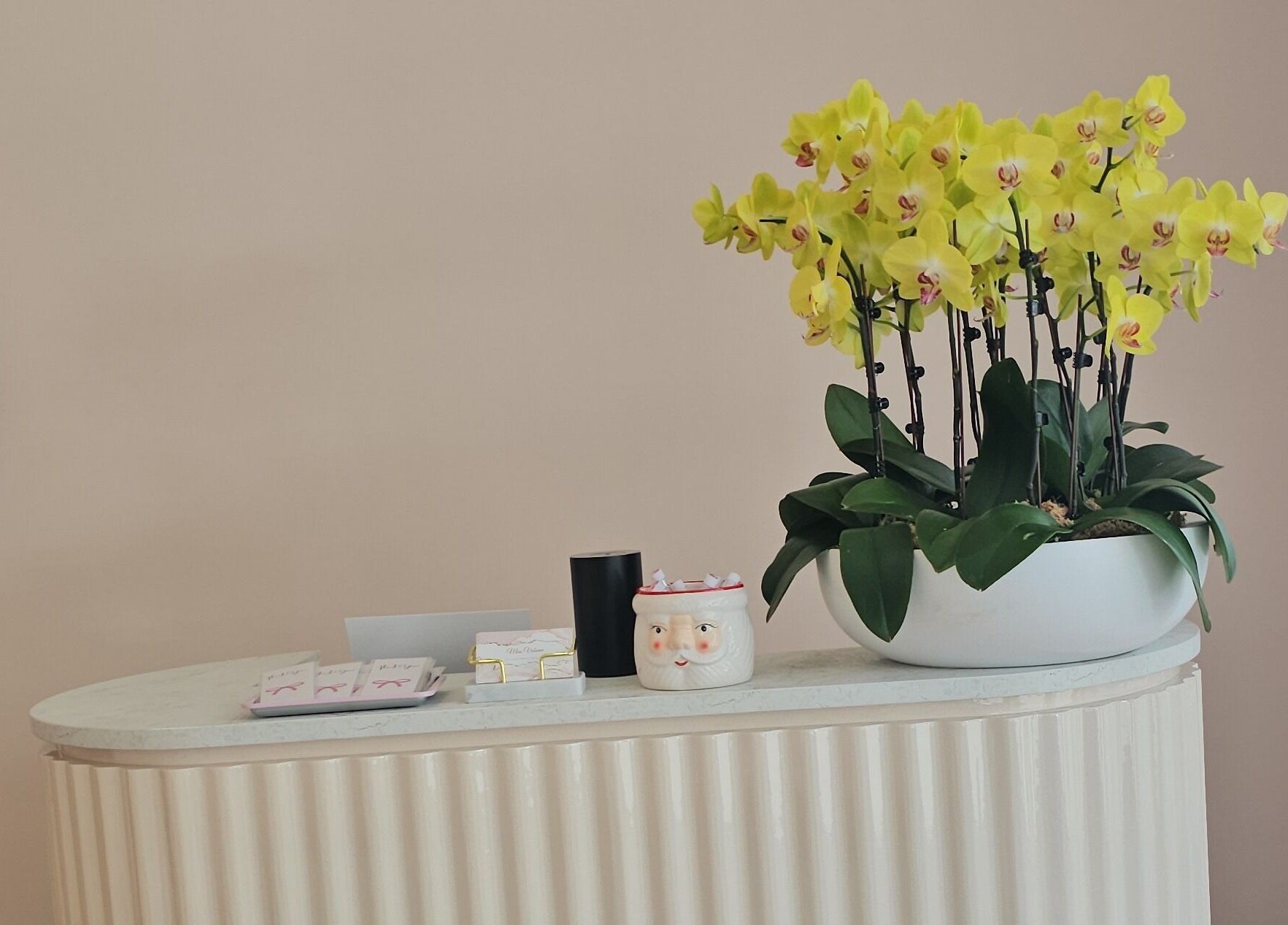 Stylish reception at Miss Volume, Rose Bay, New South Wales, AU, featuring vibrant orchids.