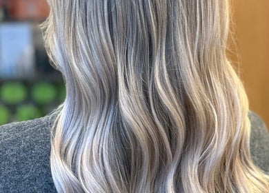 Close-up of wavy blonde hair at Livedinbyerinx in Aberdeen, Scotland, GB.