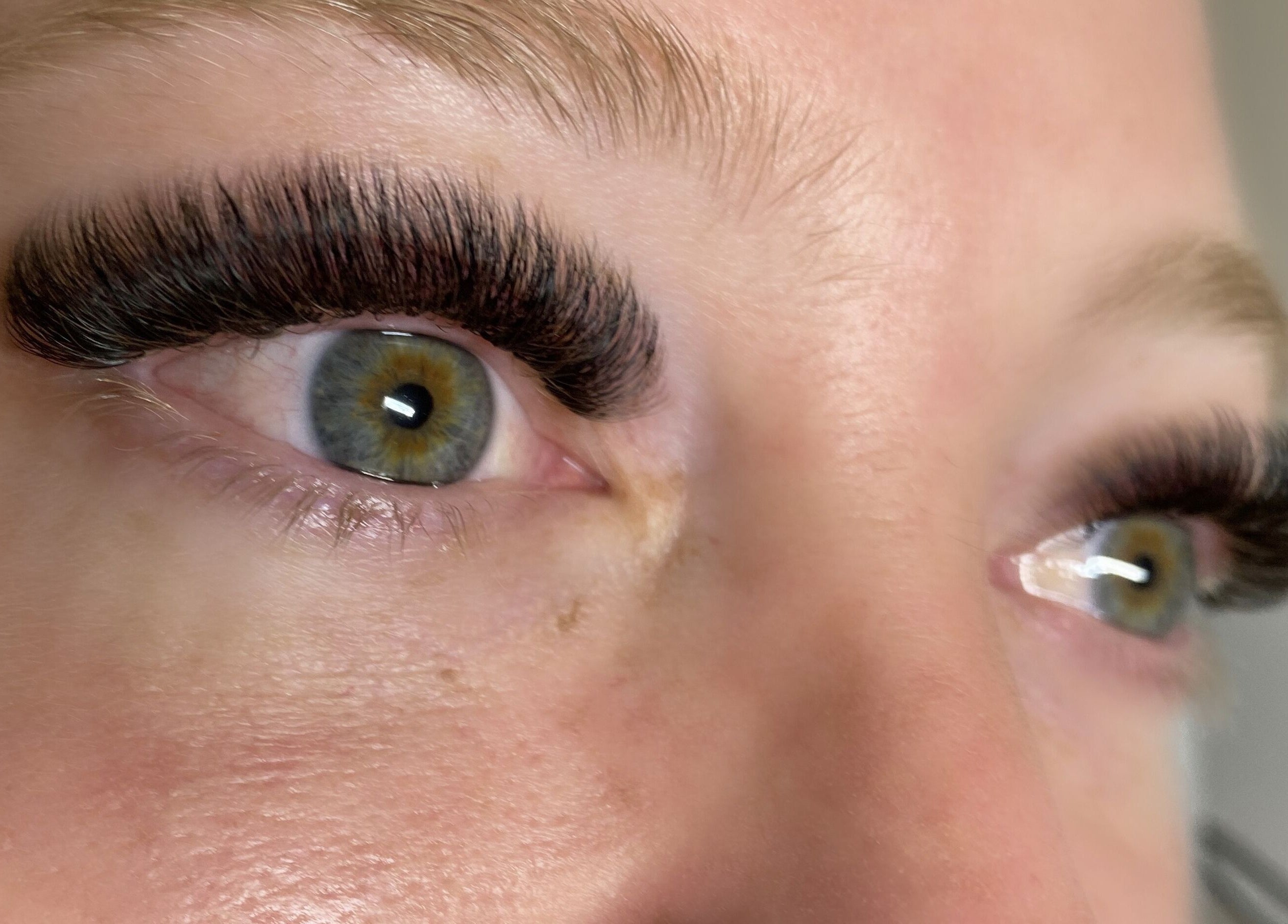 Close-up of expertly applied eyelash extensions at Lashing Out by Amber, Courtenay, British Columbia, CA.