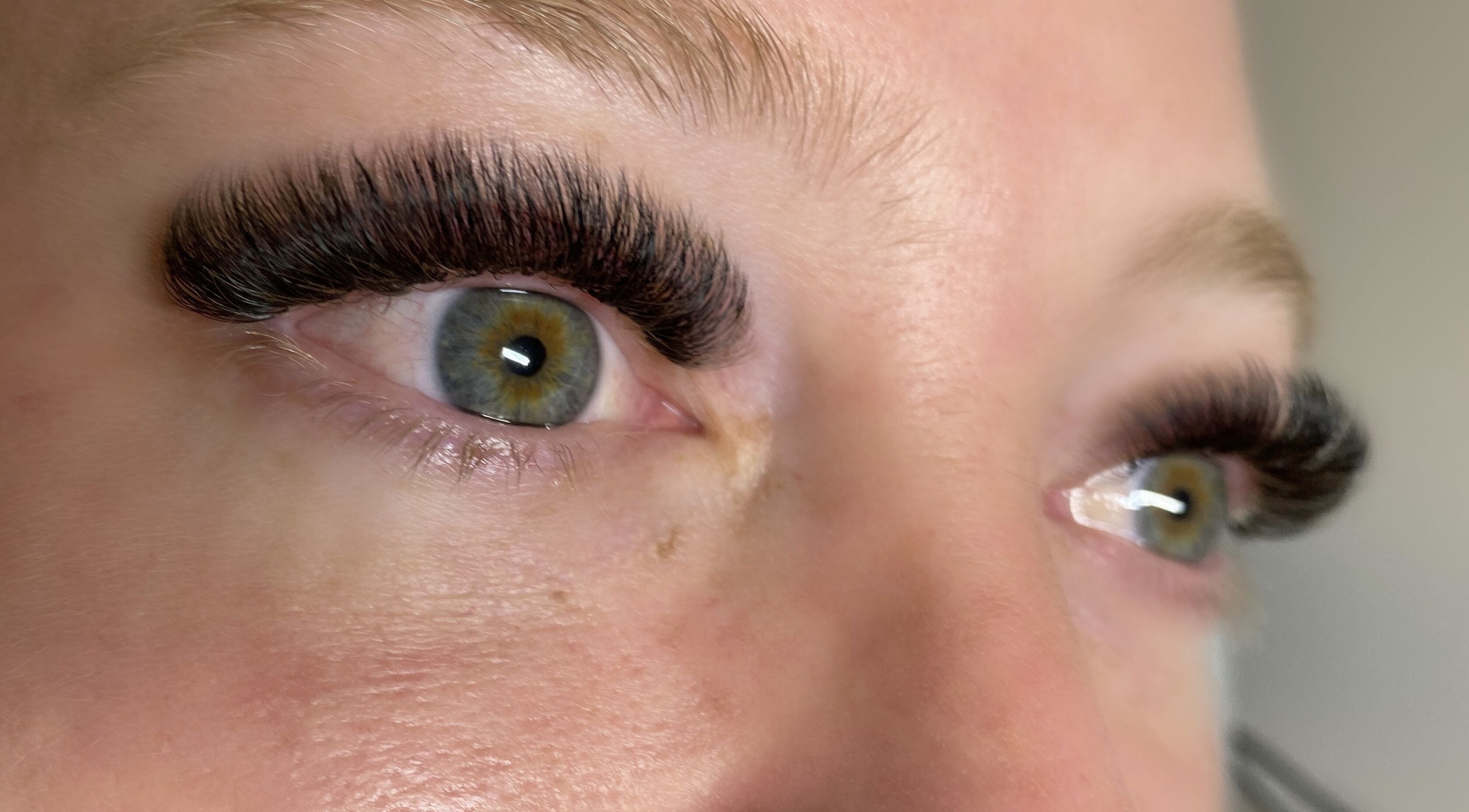 Close-up of expertly applied eyelash extensions at Lashing Out by Amber, Courtenay, British Columbia, CA.