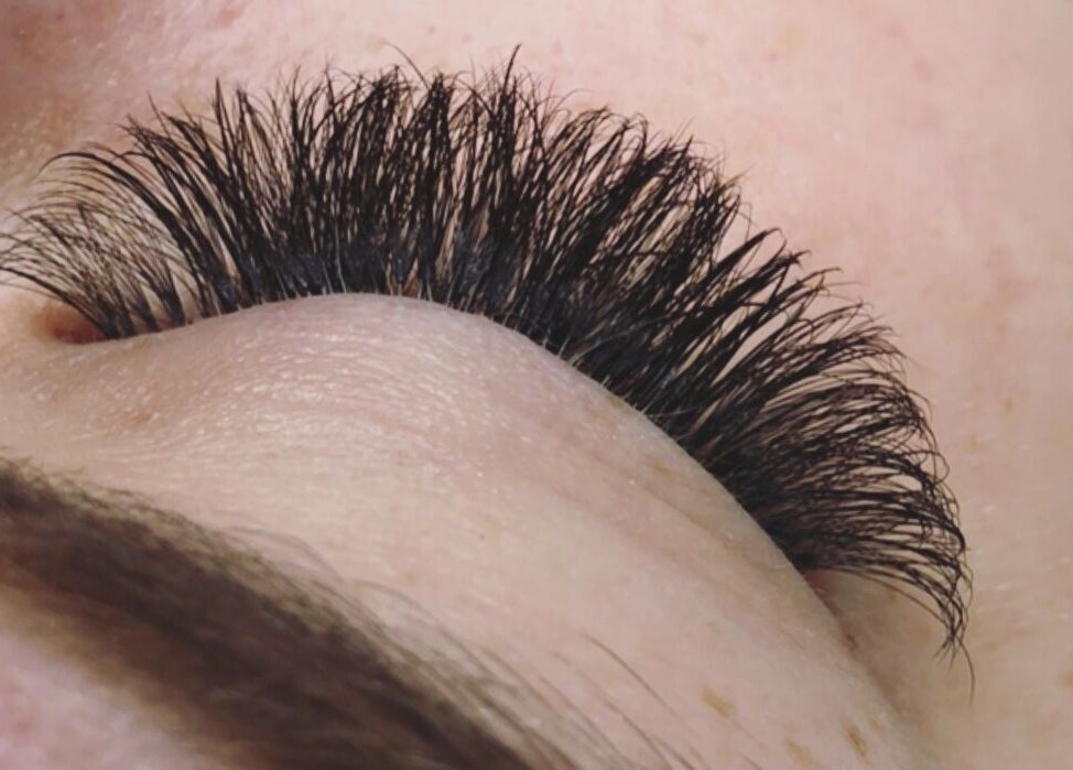 Close-up of beautifully applied eyelash extensions at Lashing Out by Amber, Courtenay, British Columbia, CA.