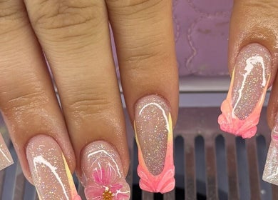 Floral embellished nails at Beauty By KB, Swords, County Dublin, IE. Perfect for a stylish statement look.