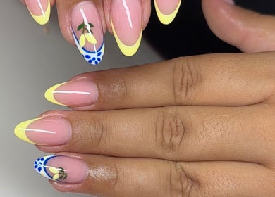 Elegant lemon-themed nail art at MG Velvet Pro, Brentwood, California, US.