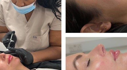 Aesthetic treatment at Nu Face Clinic, Worsley, England. Focus on skilled hands applying a precise injection.