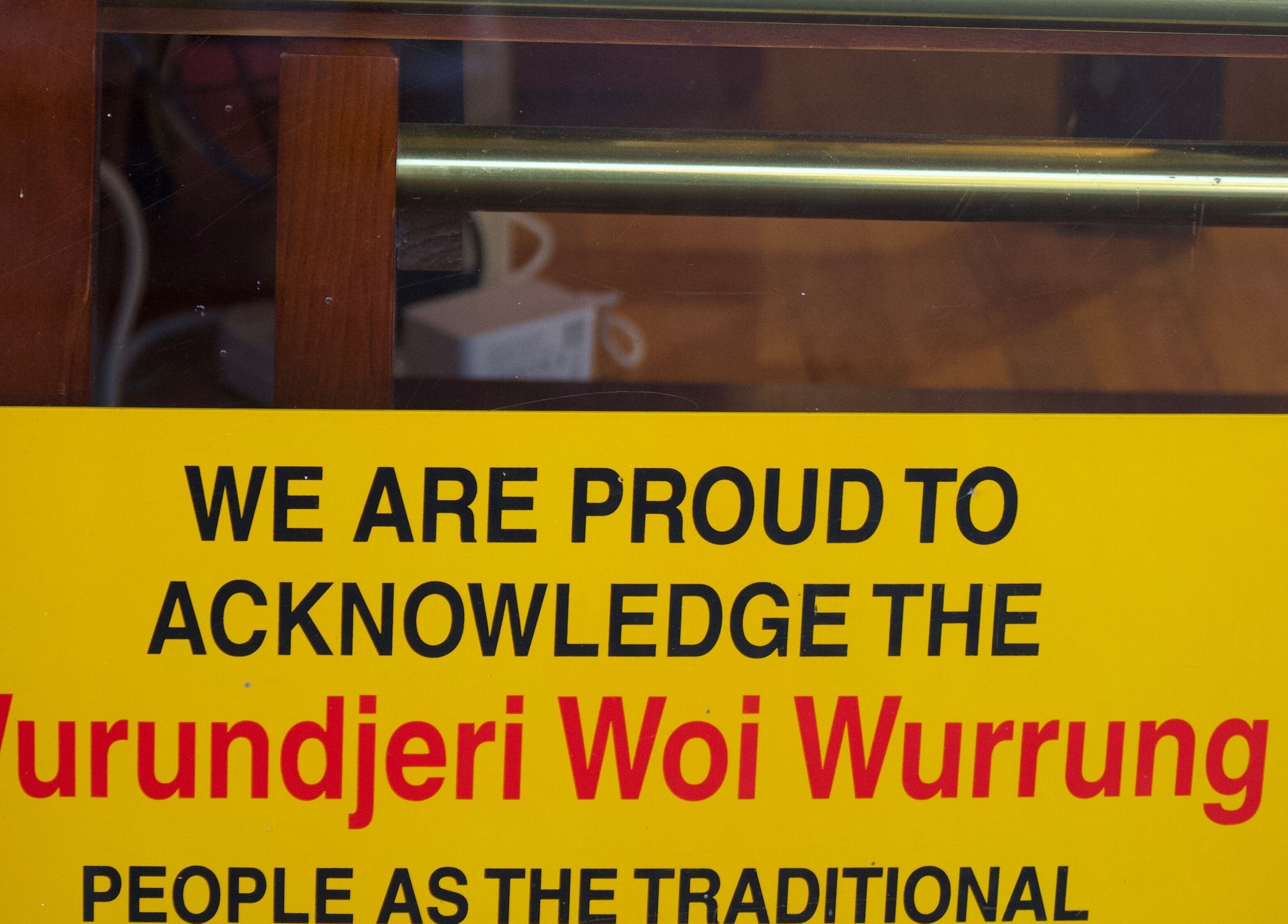 Acknowledgment sign of Wurundjeri Woi Wurrung people at Junoxwatt, Melbourne, Victoria, AU.