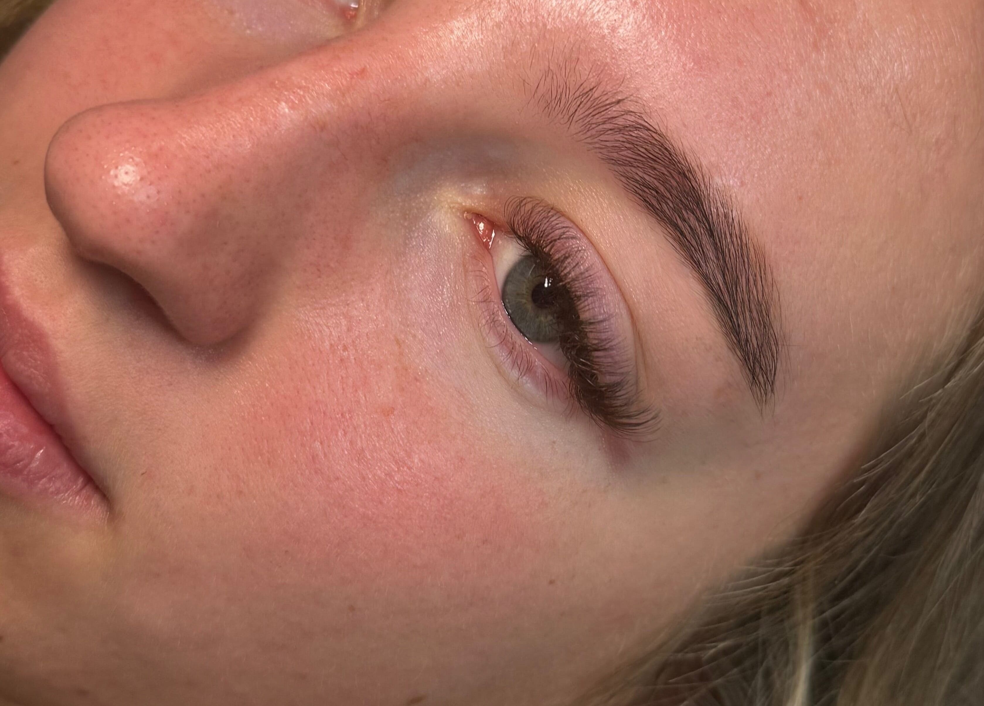 Close-up of enhanced eyelash extensions at LashMuse in Galashiels, Scotland, GB.
