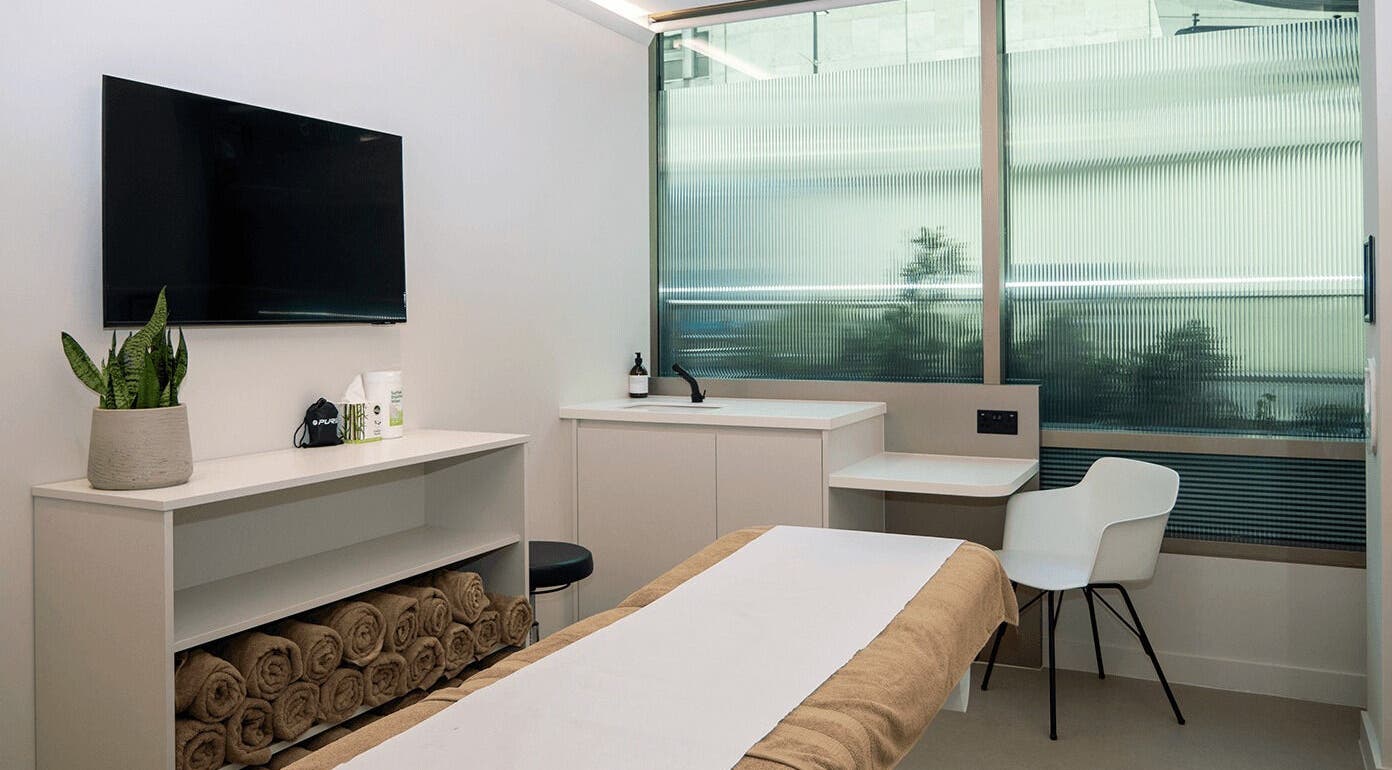 Relaxing treatment room in OA London, features modern decor and natural light in London, England, GB.