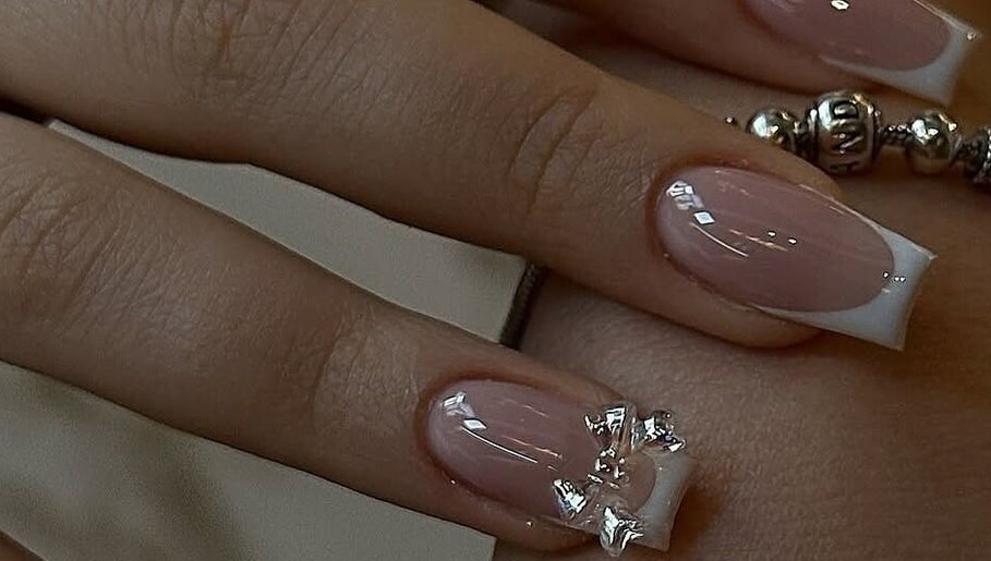 Elegant French manicure with gems at Blissbeauty Glam Studio, East London, Eastern Cape, ZA.
