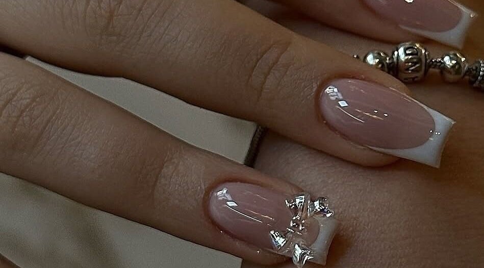 Elegant French manicure with gems at Blissbeauty Glam Studio, East London, Eastern Cape, ZA.