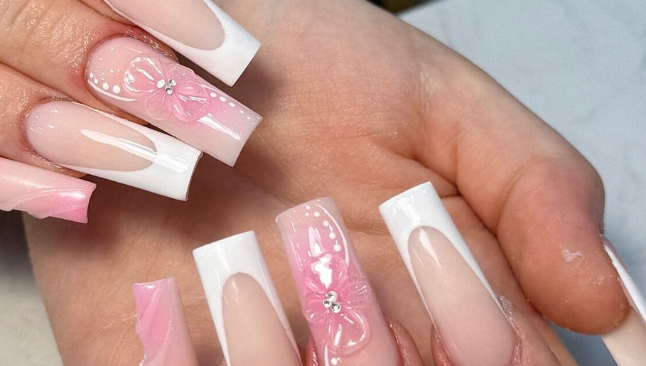 Elegant pink and white nail design at Tullamore Butterfly Beauty Lounge, Tullamore, County Offaly, IE.