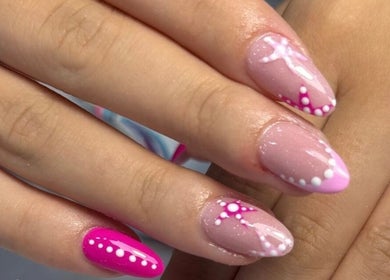 Elegant pink and white nail art at Tullamore Butterfly Beauty Lounge, Tullamore, County Offaly, IE.