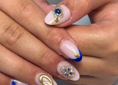 Intricate blue and gold nail art at Tullamore Butterfly Beauty Lounge, Tullamore, County Offaly, IE.