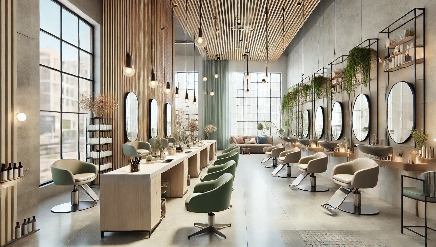 Spacious, modern salon interior at Fresh Hair Studio & Spa, Hamilton, Ontario, CA with elegant styling stations.