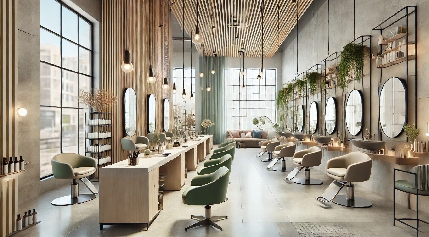 Spacious, modern salon interior at Fresh Hair Studio & Spa, Hamilton, Ontario, CA with elegant styling stations.