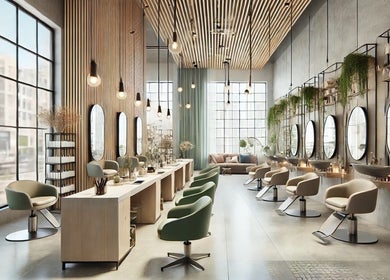 Modern, stylish interior of Fresh Hair Studio & Spa in Hamilton, Ontario, CA, featuring chic styling chairs and decor.