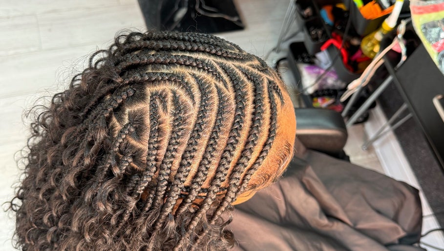 Intricate braiding style at Nancy’sBeauty salon in London, England, GB, showcasing expert hairstyling.