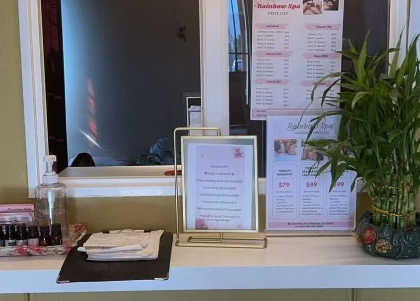 Reception area of Rainbow Spa in Riverside, California, showcasing products and bamboo decor.
