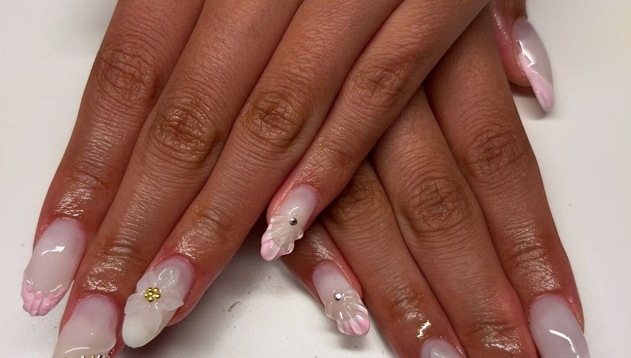 Stylish floral nail art at Lydia’s Nails in Canton, Massachusetts, US enhancing elegance and beauty.