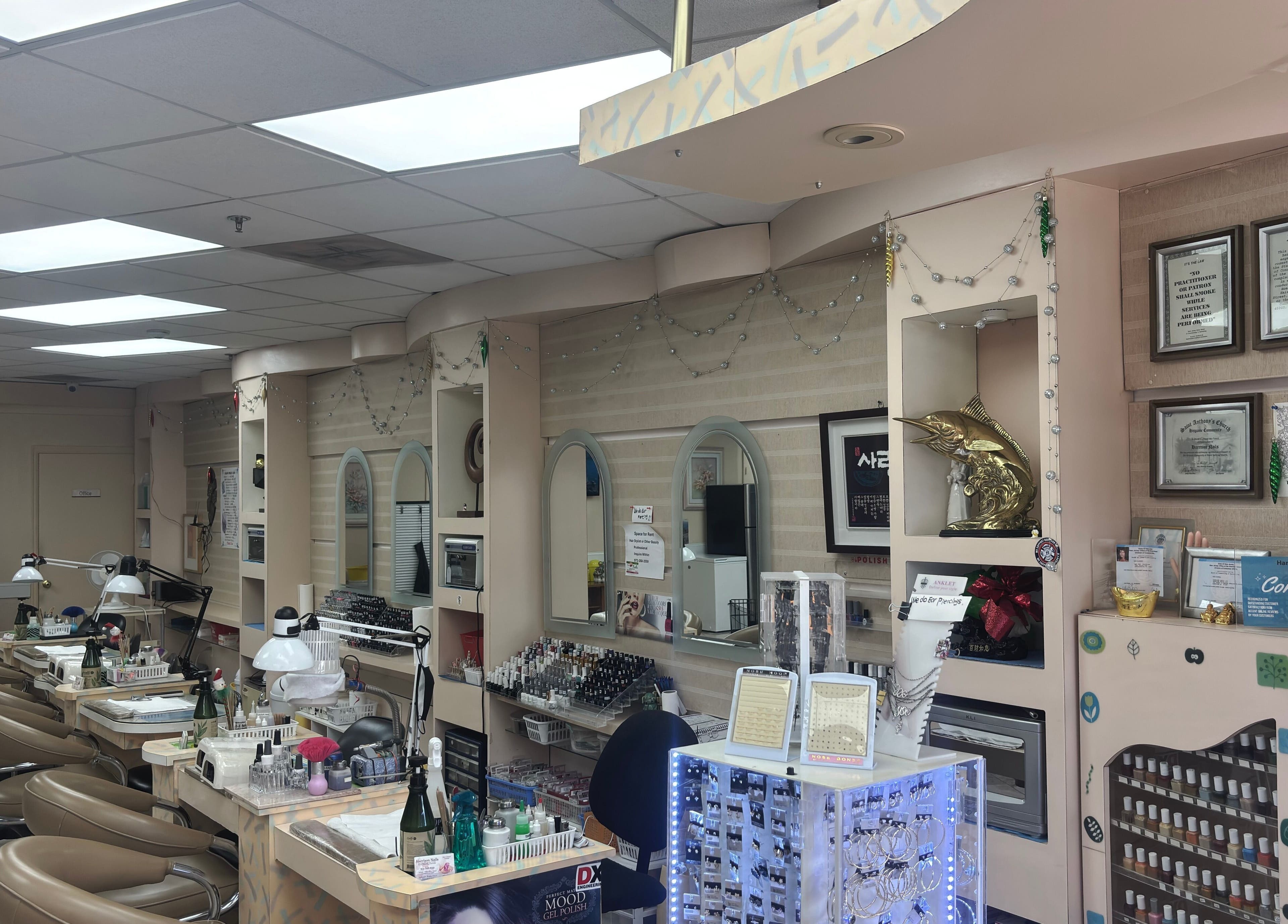 Cozy interior of Harrison Nails NJ showcasing manicure stations in Harrison, New Jersey, US.