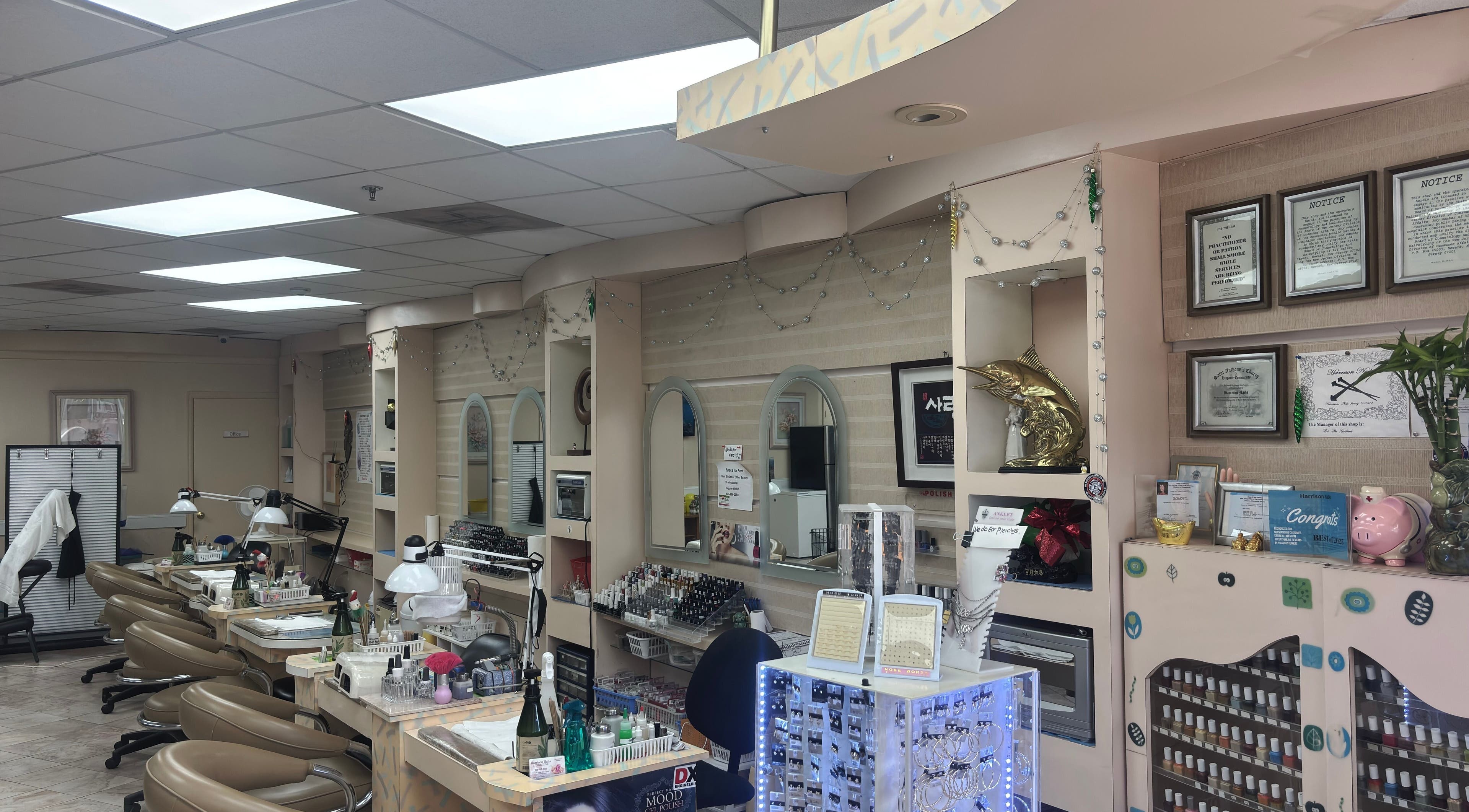 Cozy interior of Harrison Nails NJ showcasing manicure stations in Harrison, New Jersey, US.