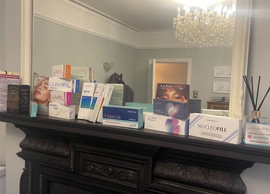 Beauty products on display at LNLaesthetics, Addlestone, England, GB showing a stylish salon ambiance.
