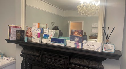 Beauty products on display at LNLaesthetics, Addlestone, England, GB showing a stylish salon ambiance.
