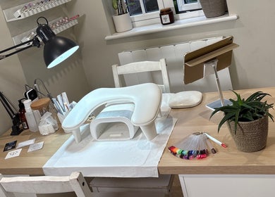 Nail station at Kayas Beauty Room, Stevenage, England, GB with manicure tools and plant decor.