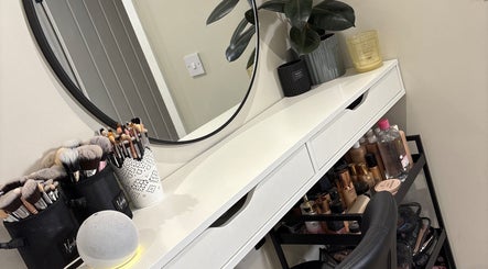 Makeup setup at Kayas Beauty Room, Stevenage, England, GB featuring brushes and vanity mirror.