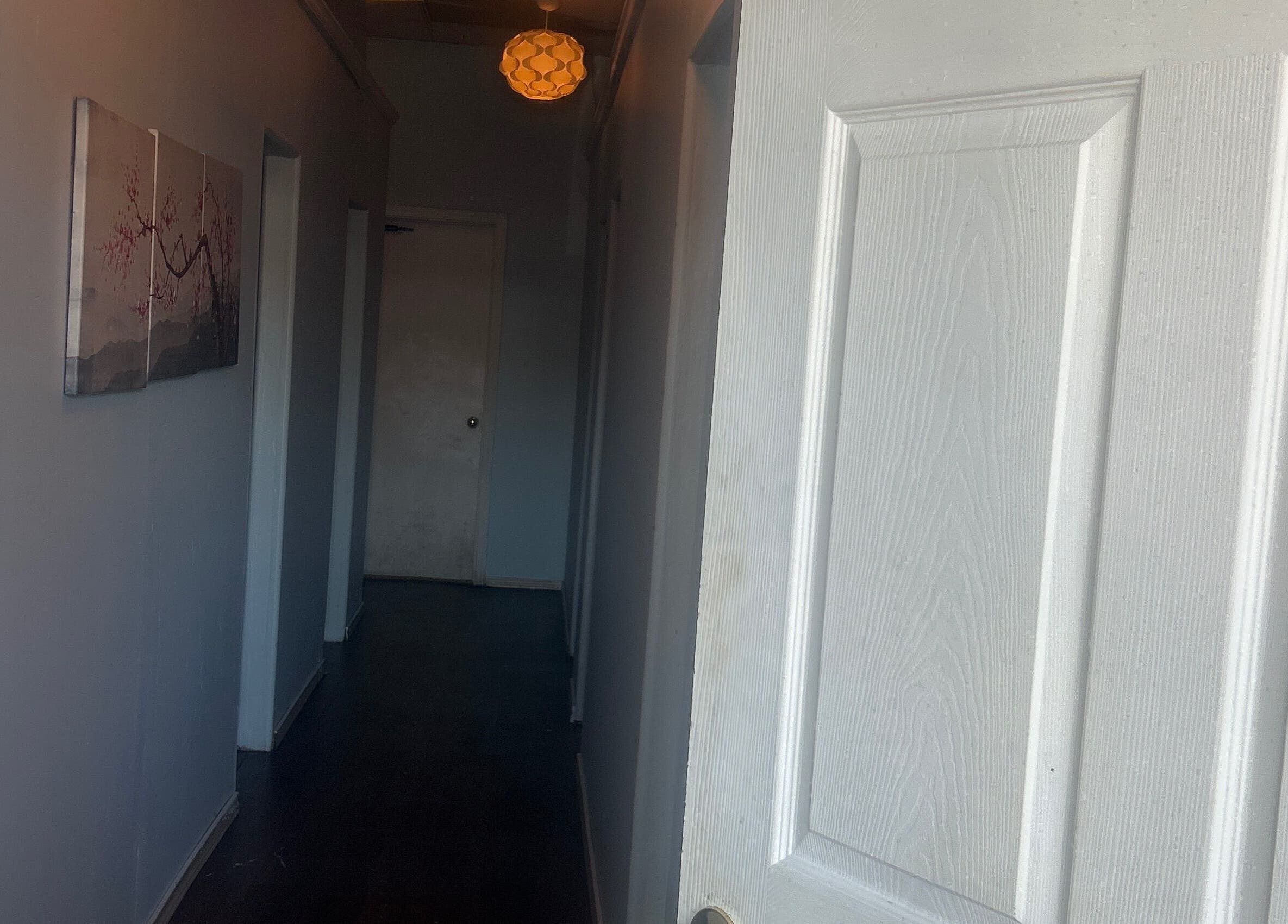 Entrance hallway with art at Asain Foot Massage, Austin, Texas, US for a serene welcome.