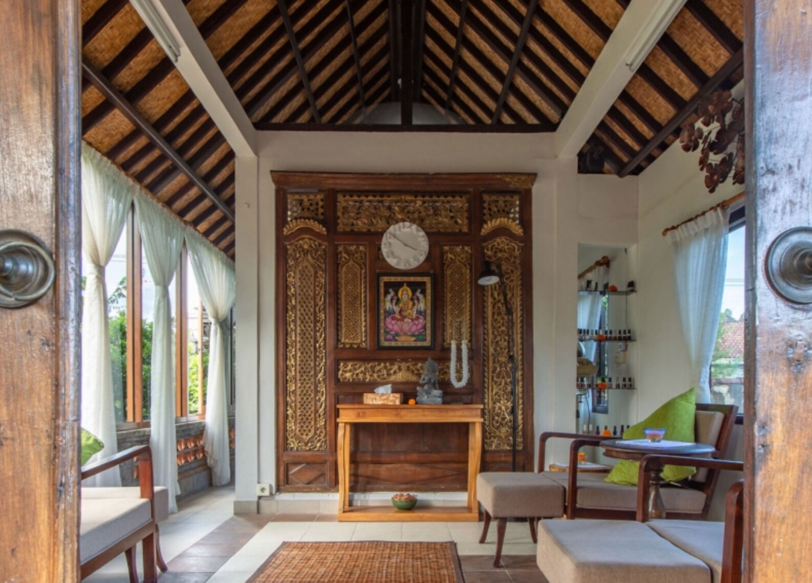 Elegant interior at Ubud Bodyworks Centre, Bali, ID showcasing traditional design and peaceful ambiance.