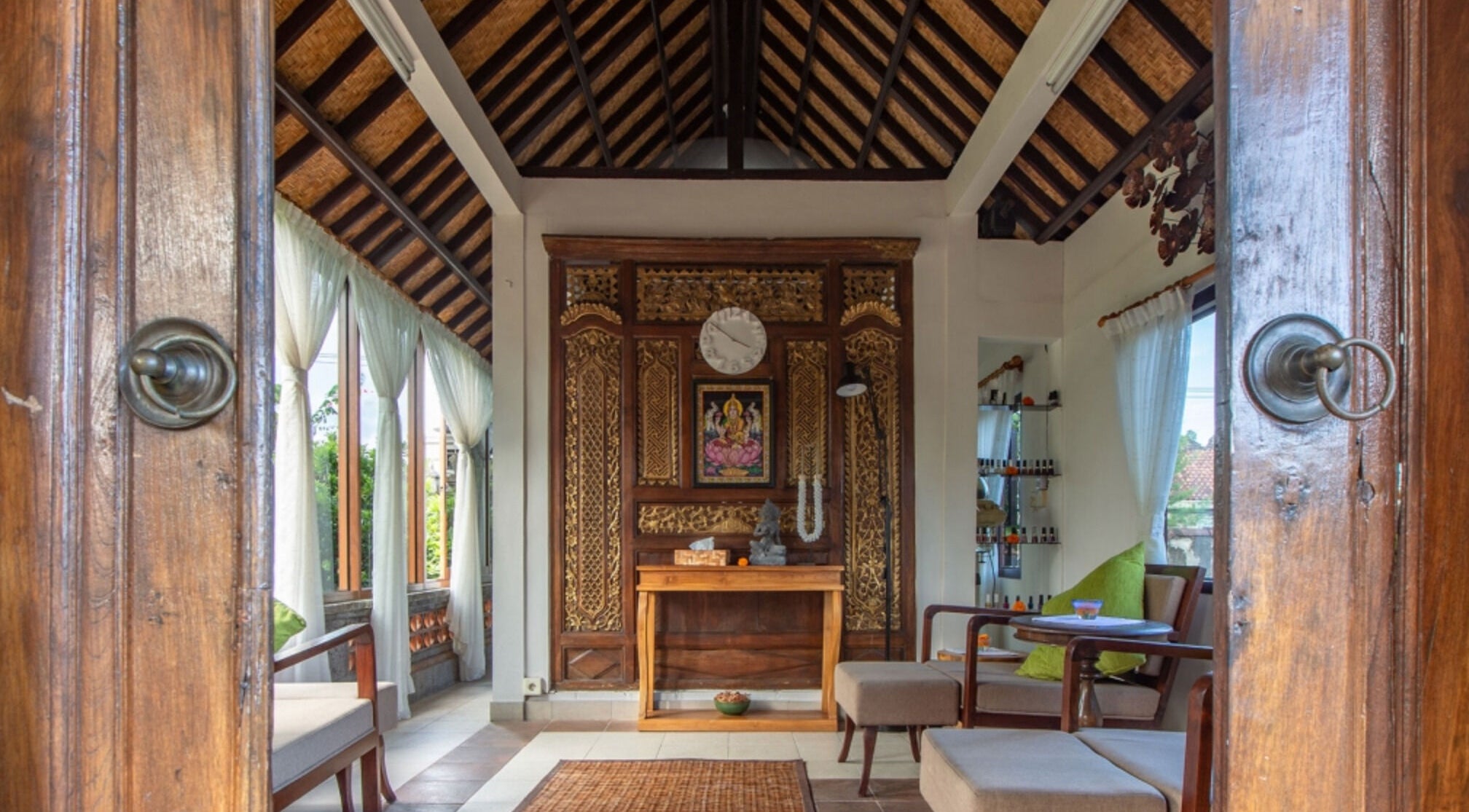 Elegant interior at Ubud Bodyworks Centre, Bali, ID showcasing traditional design and peaceful ambiance.
