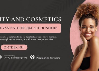 Banner van Laiss Beauty en Cosmetics in Paramaribo met glimlachende vrouw en promotiemelding.