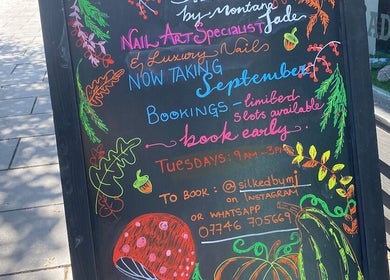 Creative chalkboard sign for Silked by MJ nail art, Frinton-on-sea, England, GB.