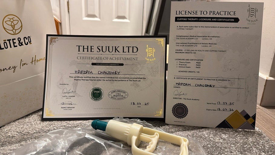 Cupping therapy certification displayed at Hart of Healing in Hatfield, England, GB.