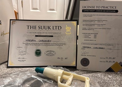 Cupping therapy certification displayed at Hart of Healing in Hatfield, England, GB.