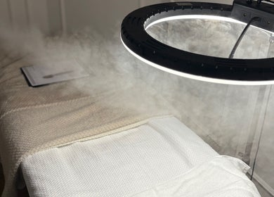 Treatment bed with steam at Bay Skin Clinic, North Shields, England, GB, providing a calming ambiance.