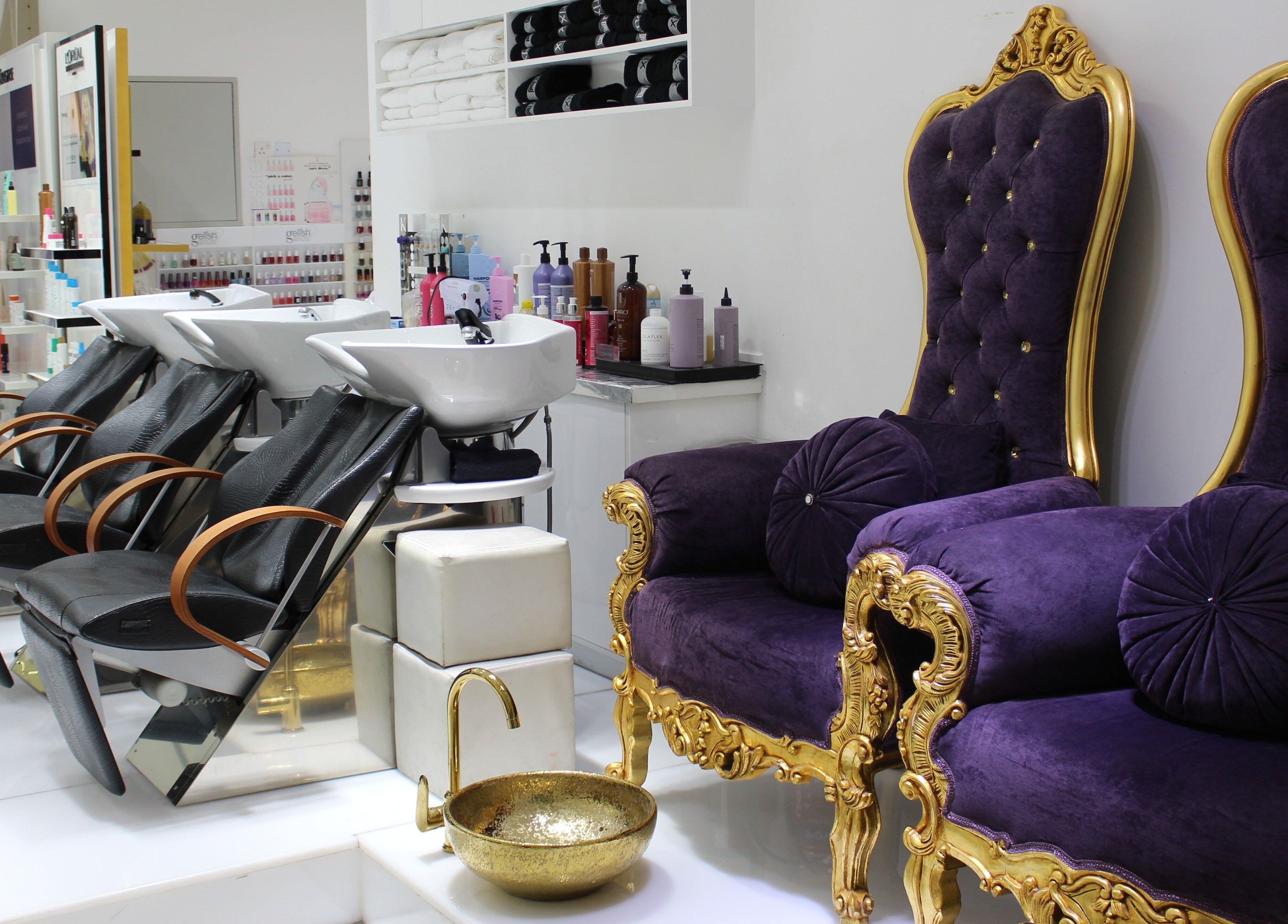 Elegant seating at Hush Salon Prive - Ladies Only & Moroccan Bath, Dubai, Dubai, AE with plush purple chairs.