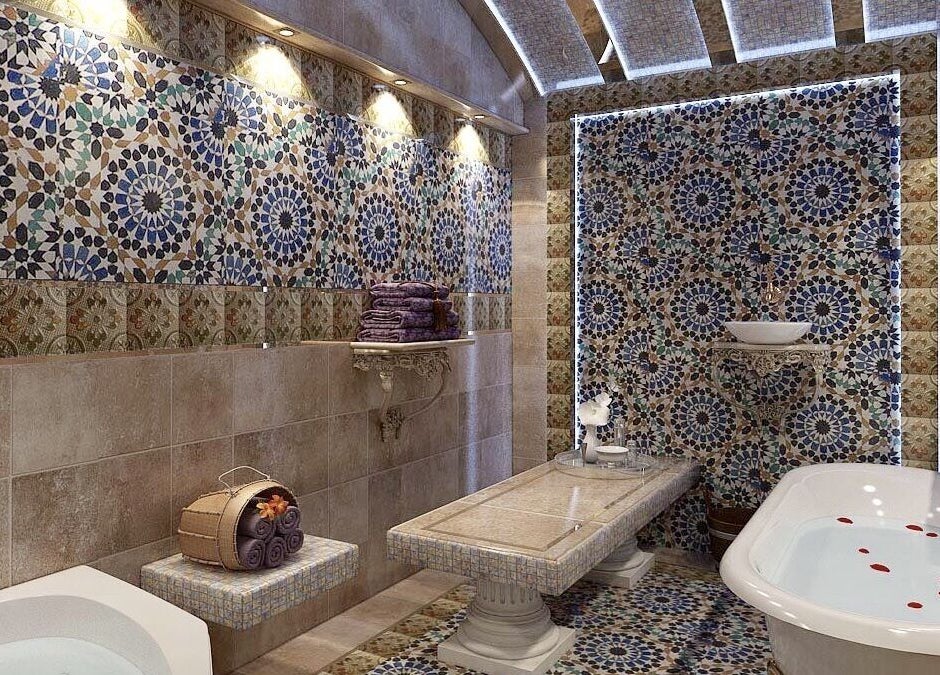 Elegant Moroccan bath at Hush Salon Prive - Ladies Only & Moroccan Bath, Dubai, Dubai, AE with intricate tile design.