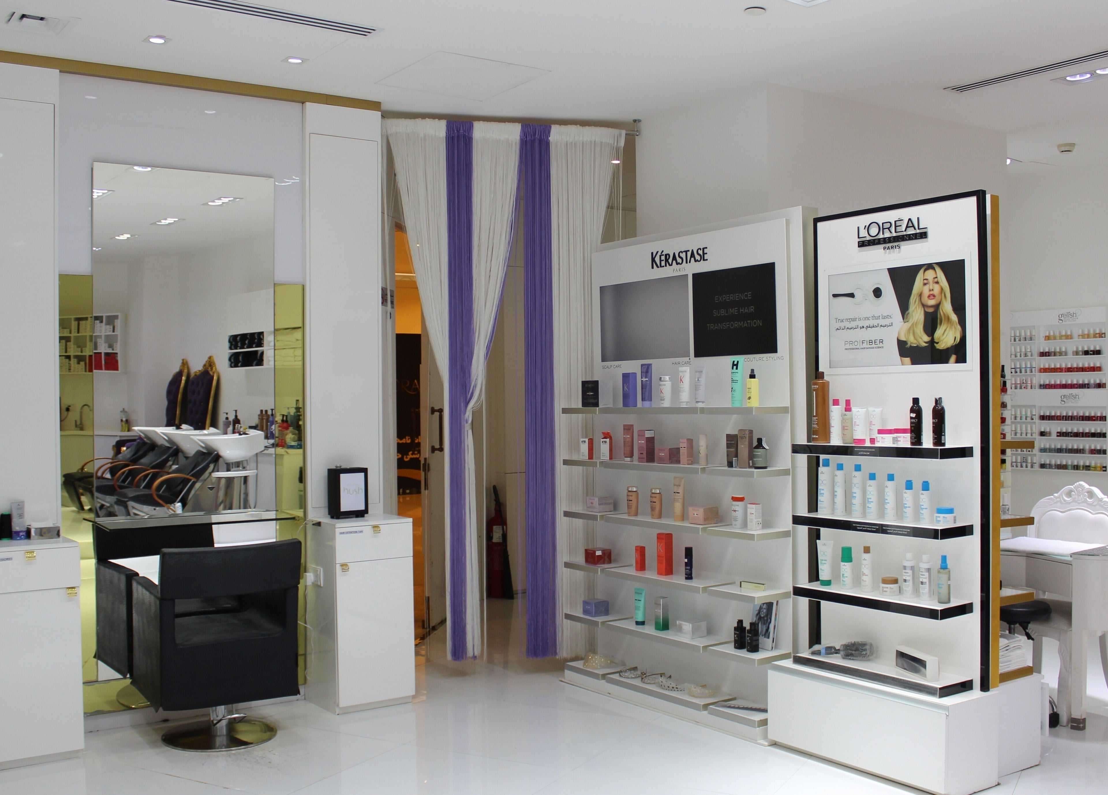 Inside Hush Salon Prive - Ladies Only & Moroccan Bath, showcasing a chic interior with beauty products, Dubai, Dubai, AE.